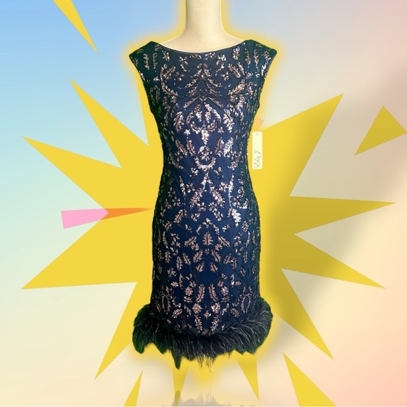 NWT Eliza J Navy Blue ‘Sequin Boat Neck Sleeveless Feather Trim Sheath Dress’ 6 - Picture 6 of 14